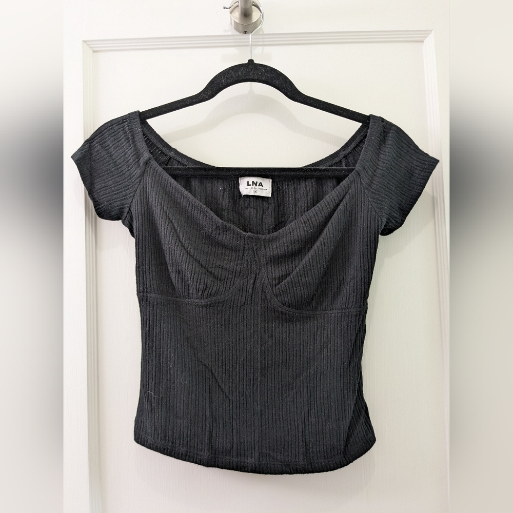 LNA Black Fitted Cap Sleeve Ribbed Blouse